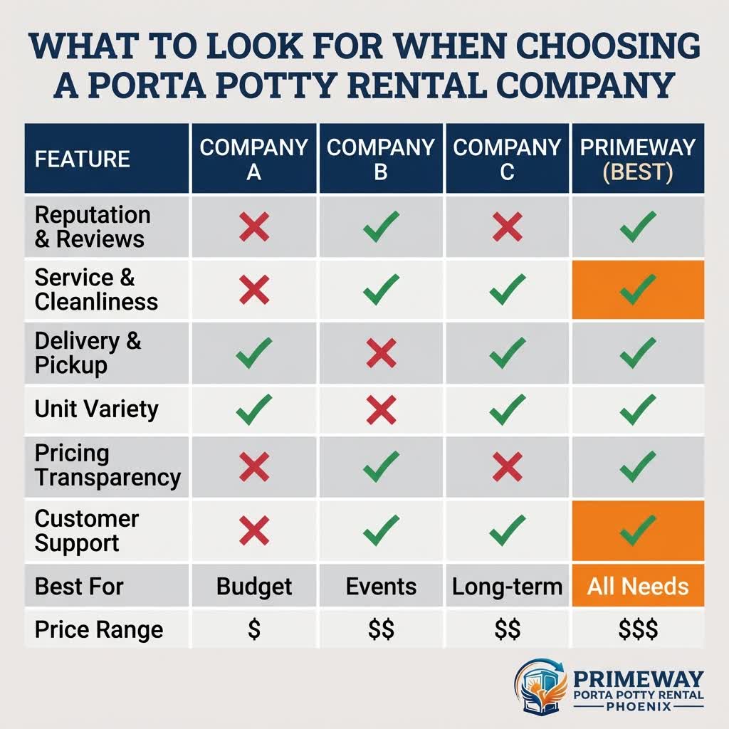 What to look for in a porta potty rental company infographic