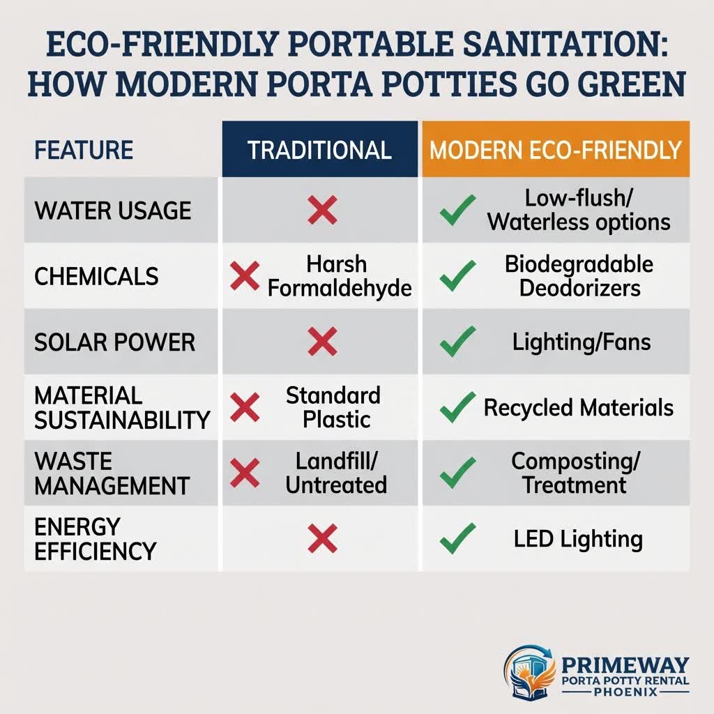 Infographic comparing water usage between indoor toilets and portable restrooms