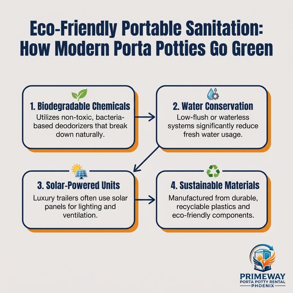 Infographic showing eco-friendly features of modern portable restroom units including solar panels and bio-based chemicals