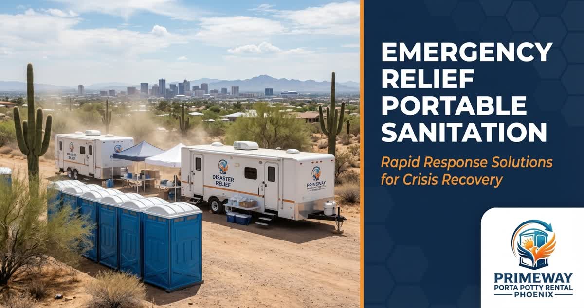 Emergency portable restrooms deployed at disaster relief site in Phoenix