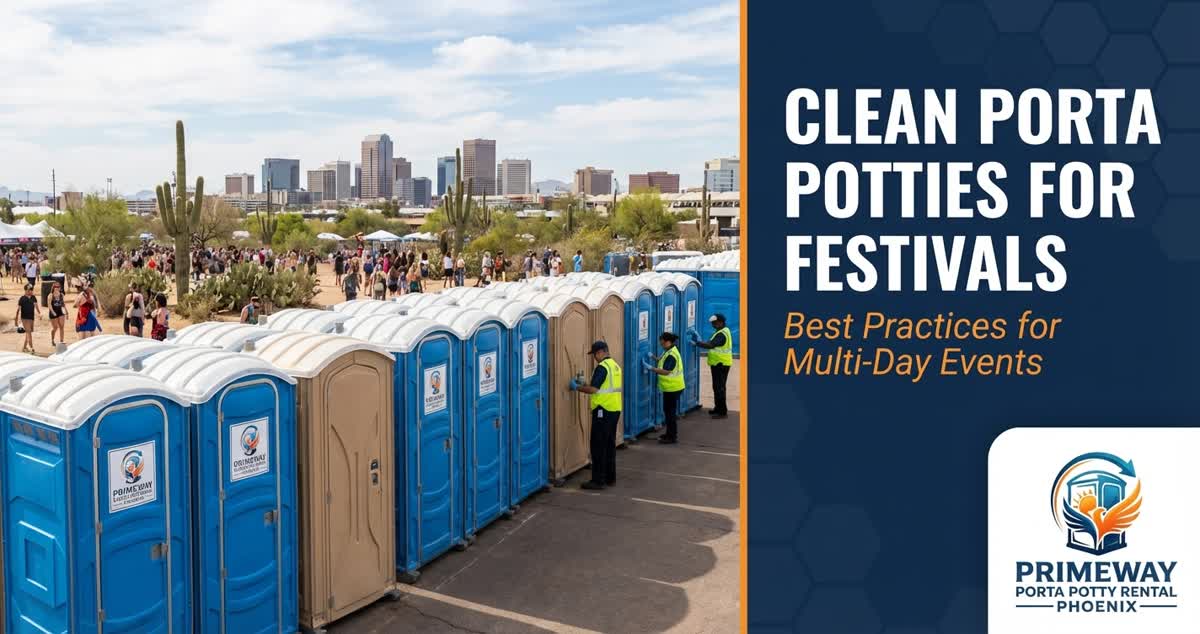 Clean porta potties at outdoor festival with regular maintenance crew