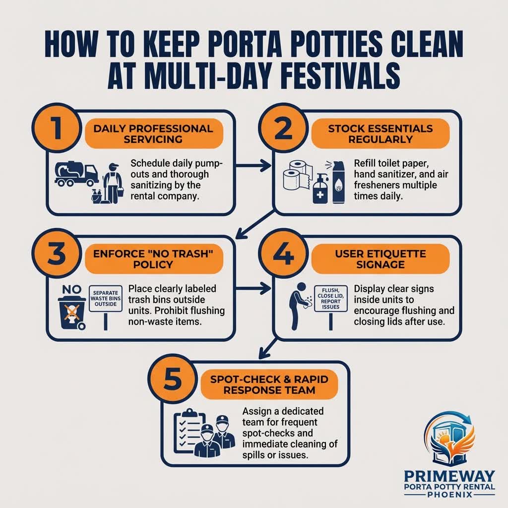 Festival sanitation crew performing maintenance service on porta potties
