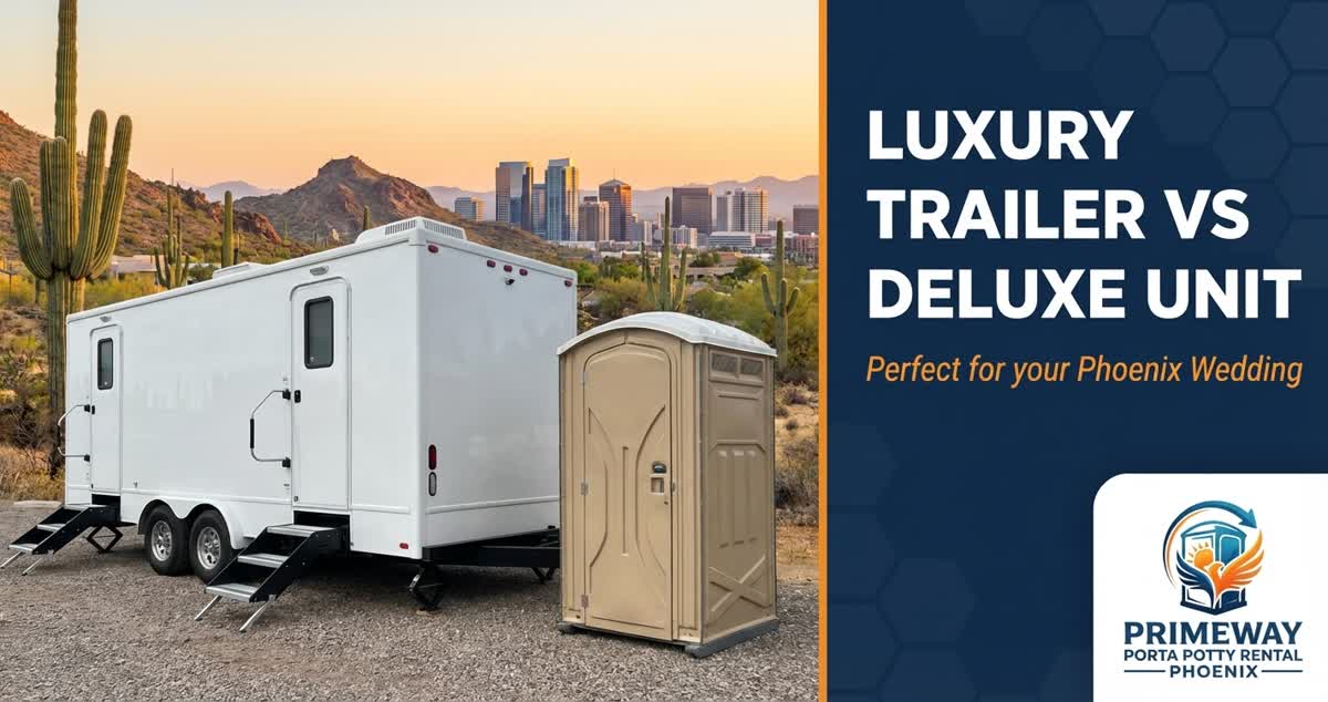 Side by side comparison of luxury restroom trailer and deluxe porta potty for wedding events