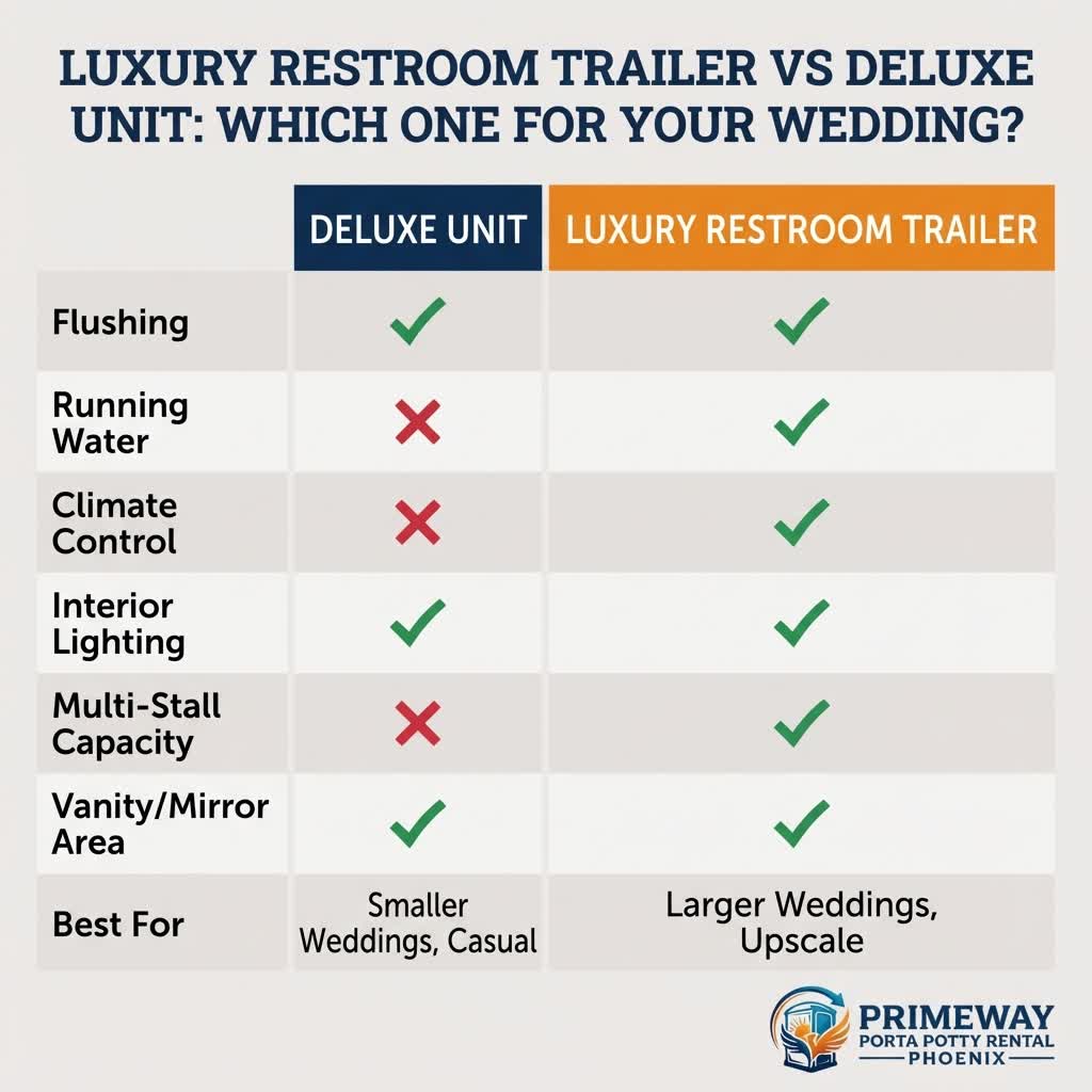 Comparison chart showing features of luxury restroom trailers versus deluxe portable units