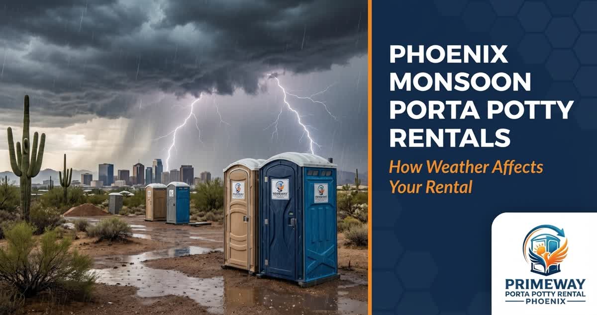 Porta potty during Phoenix monsoon storm with dust clouds