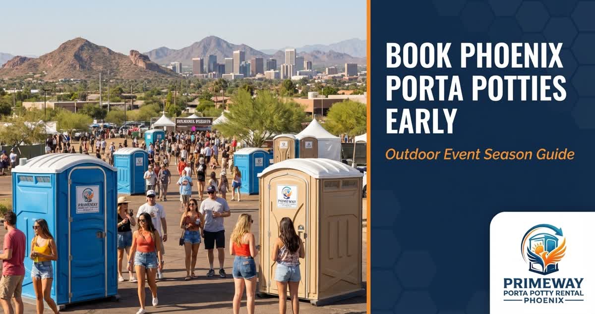 Outdoor event setup in Phoenix with tents and porta potties during perfect spring weather