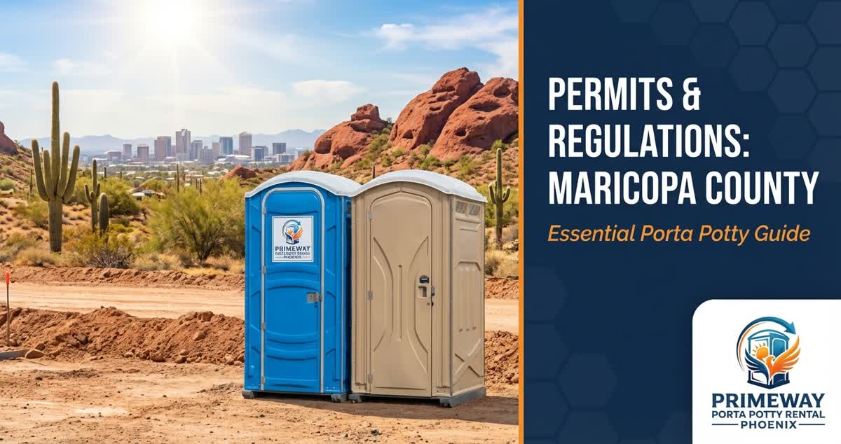 Porta potties at outdoor event with Arizona desert backdrop showing compliance signage