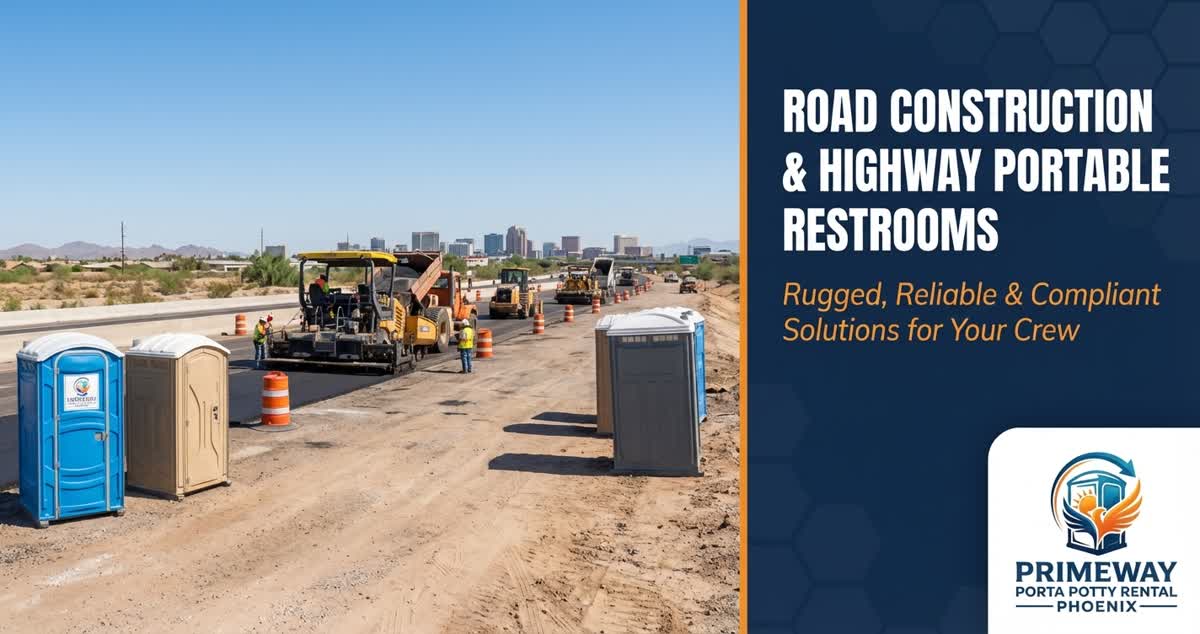 Porta potties at highway construction site in Phoenix
