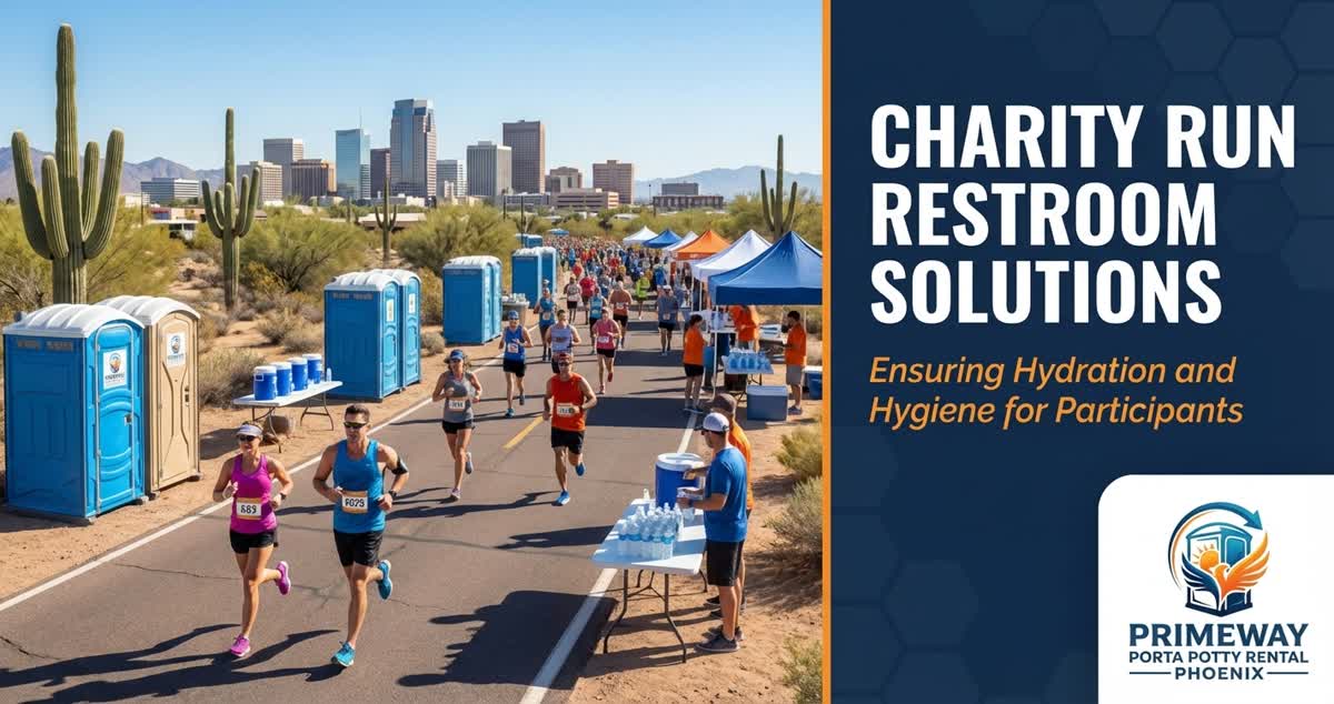 Porta potties at marathon start line with runners preparing