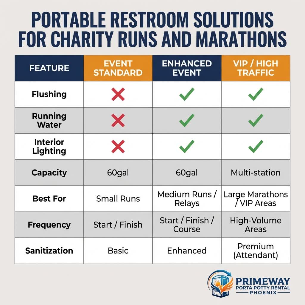 Marathon route map showing porta potty placement at miles 2, 4, 6, 8, 10+