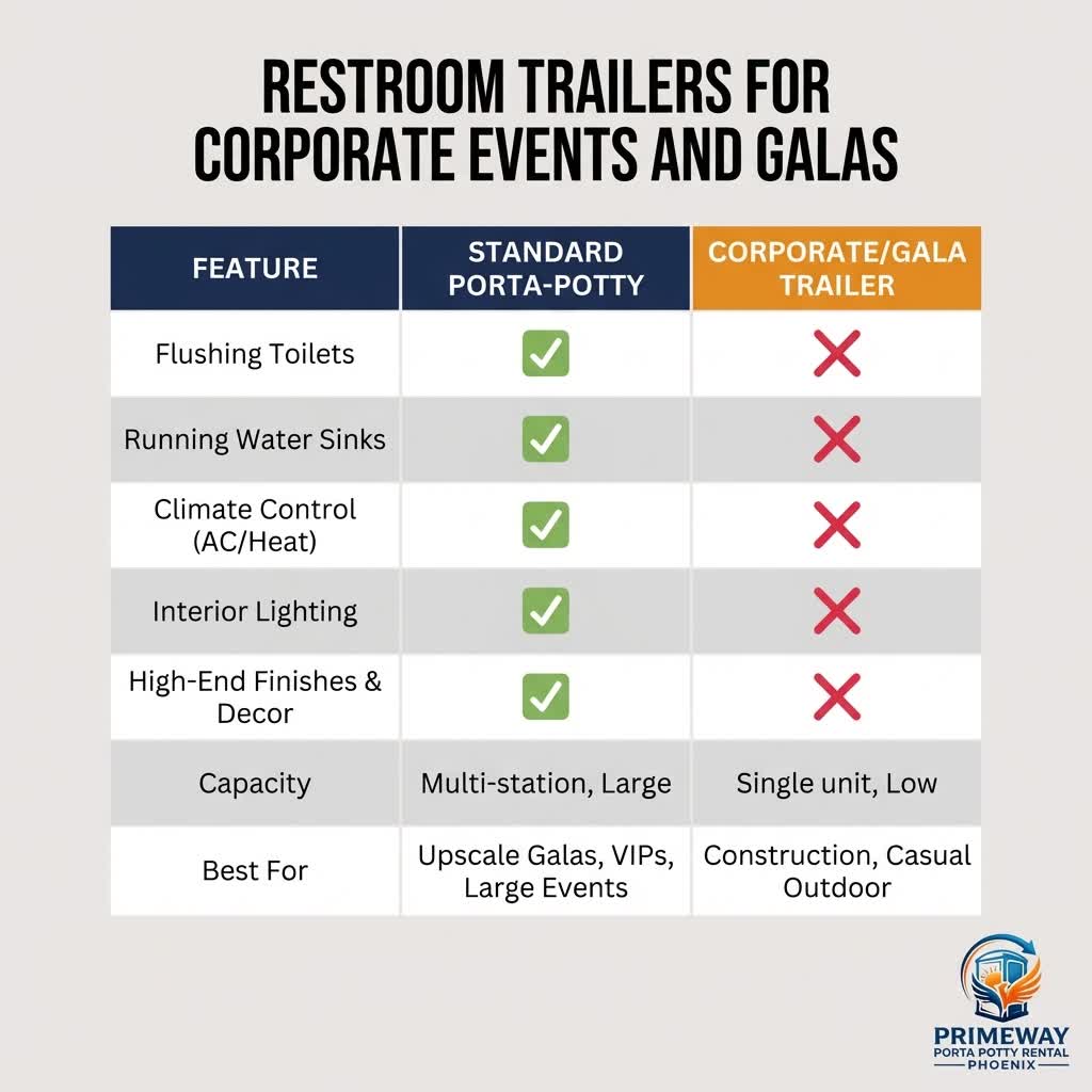 Infographic showing luxury restroom trailer interior features and amenities for corporate events
