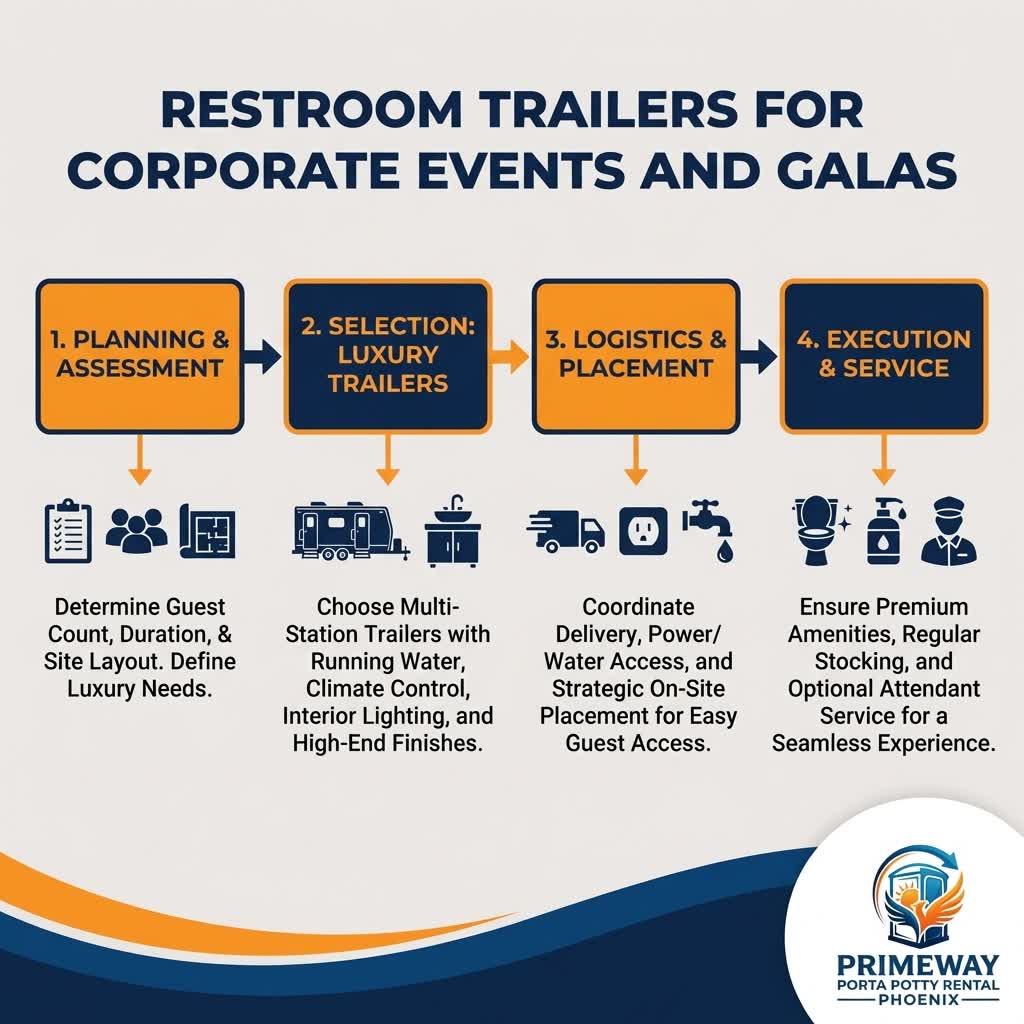 Infographic showing restroom trailer setup timeline and logistics checklist for corporate events