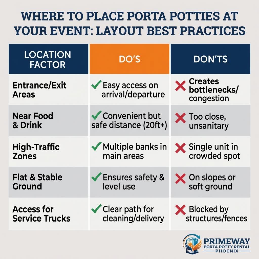 Porta potty cluster layout diagram showing optimal spacing